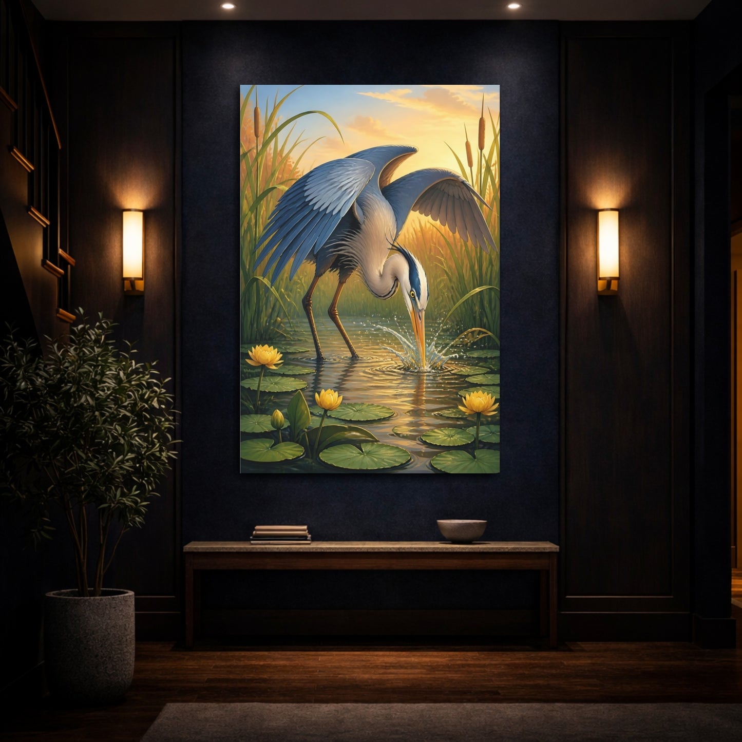 Mockup 4. Heron Animals Study shown as canvas print