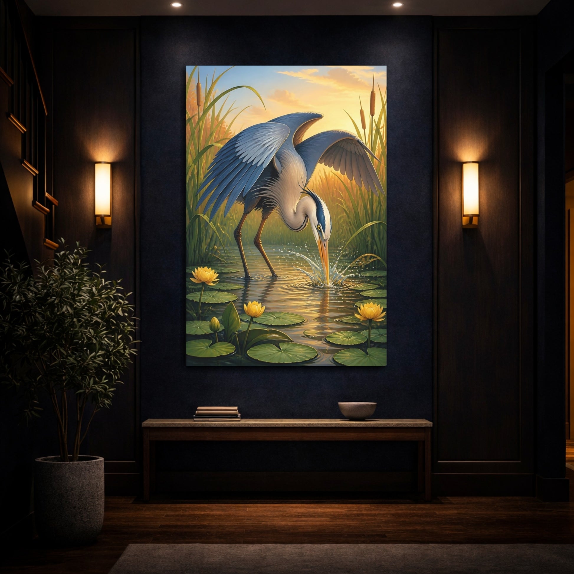 Mockup 4. Heron Animals Study shown as canvas print