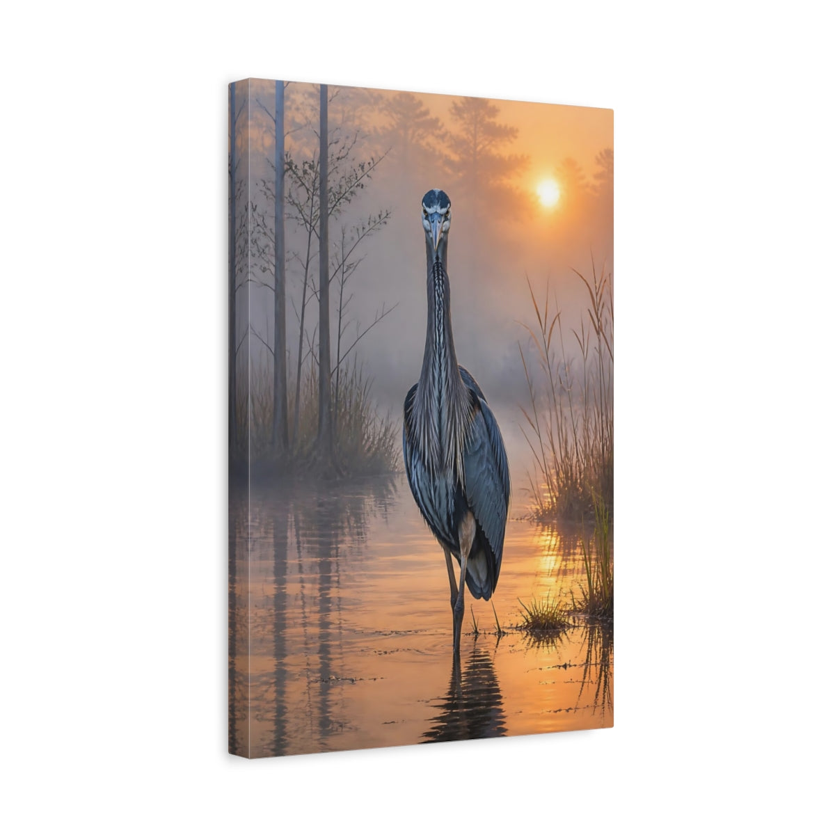 Side Mockup 4. Heron At Dawn Animals shown as canvas print