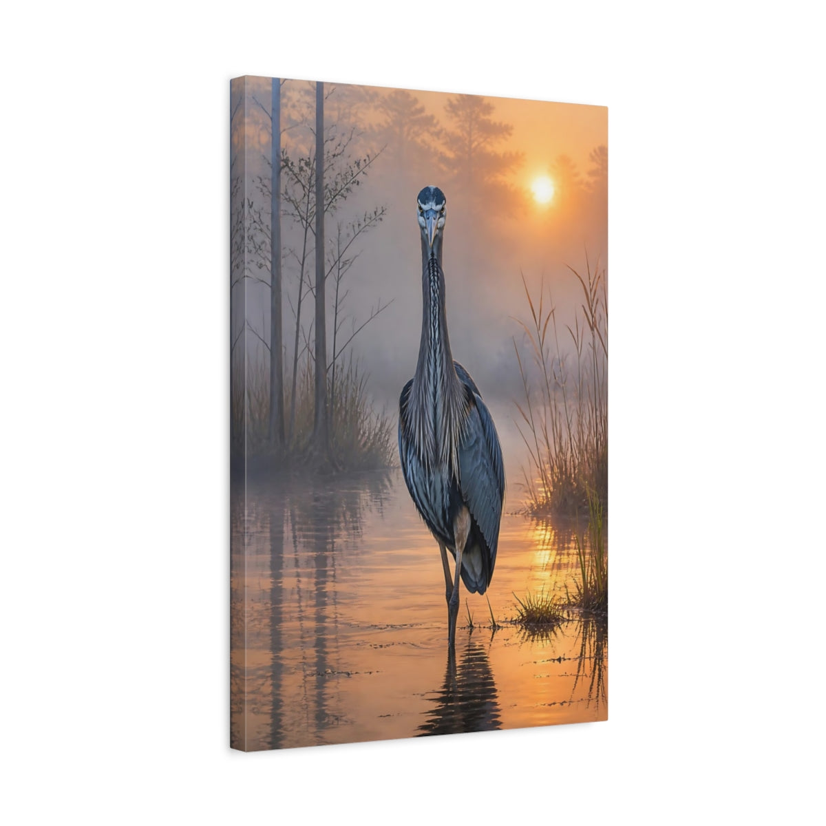 Side Mockup 3. Heron At Dawn Animals shown as canvas print