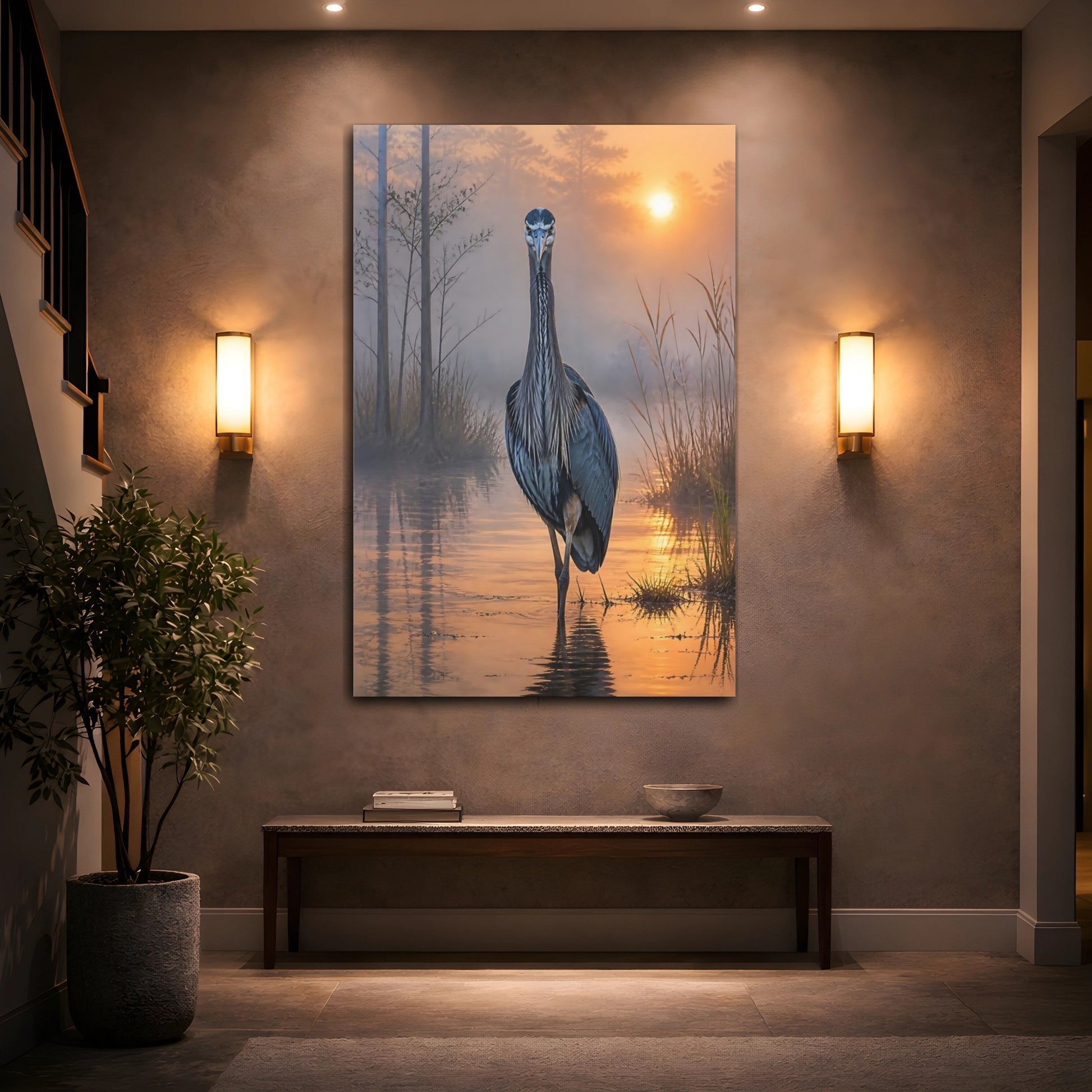 Mockup 2. Heron At Dawn Animals shown as canvas print