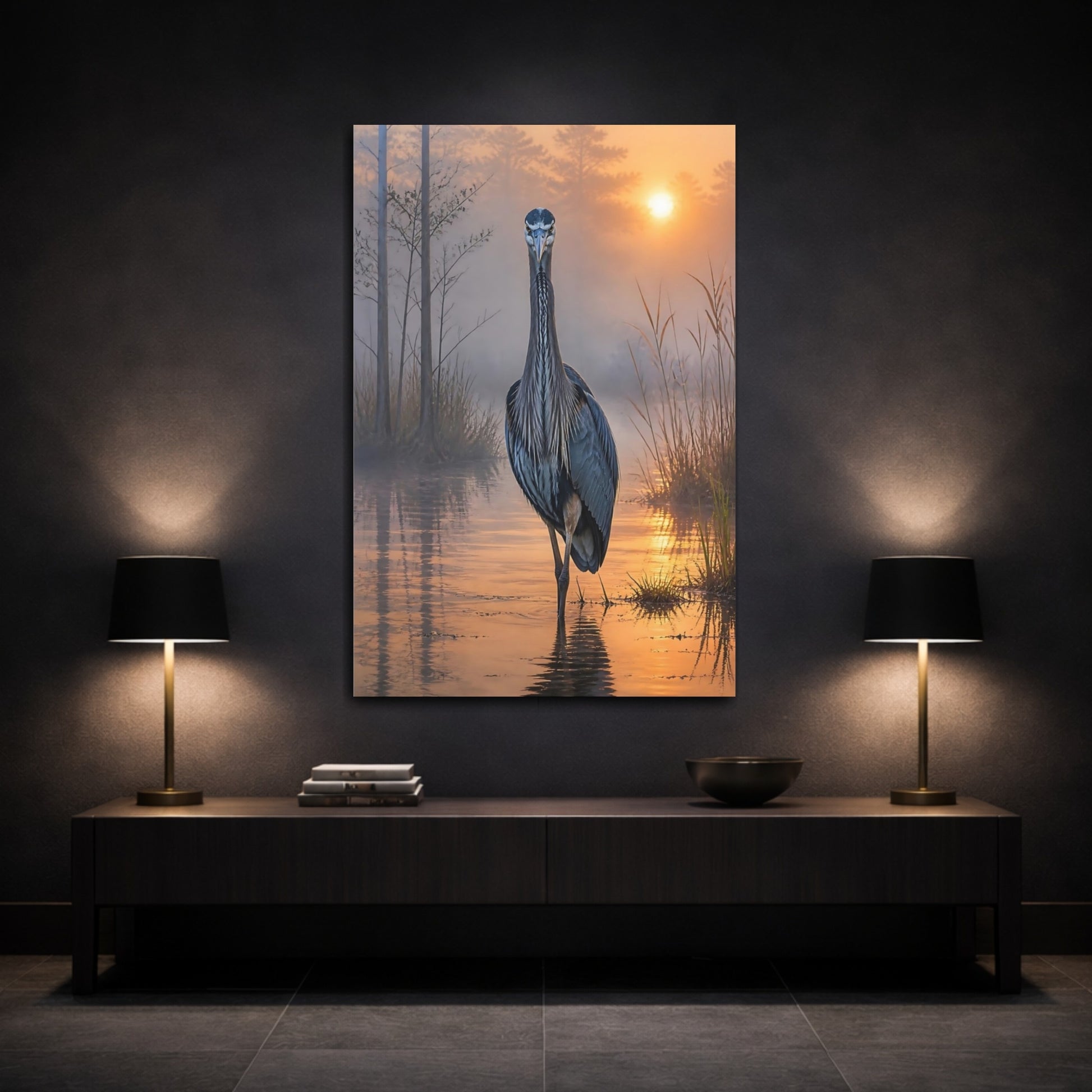 Mockup 3. Heron At Dawn Animals shown as canvas print