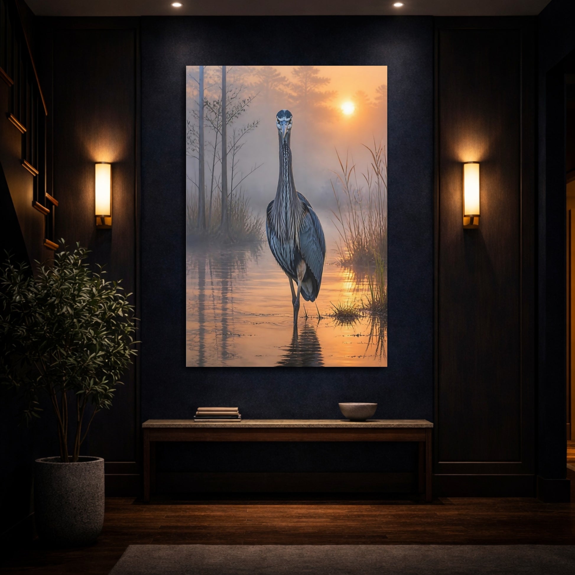 Mockup 4. Heron At Dawn Animals shown as canvas print