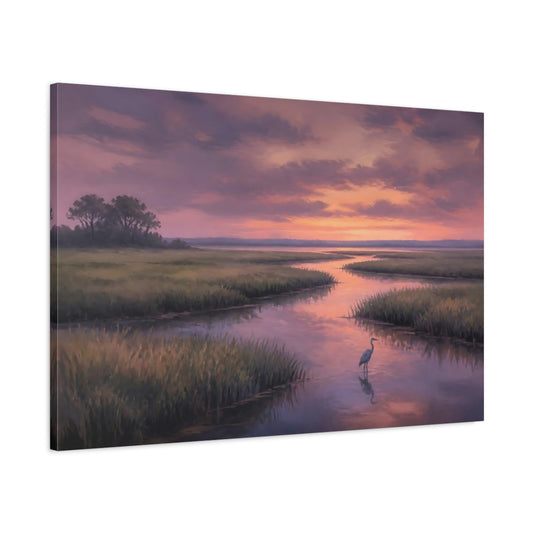 Main Mockup. Heron At Sunset Marsh shown as canvas print