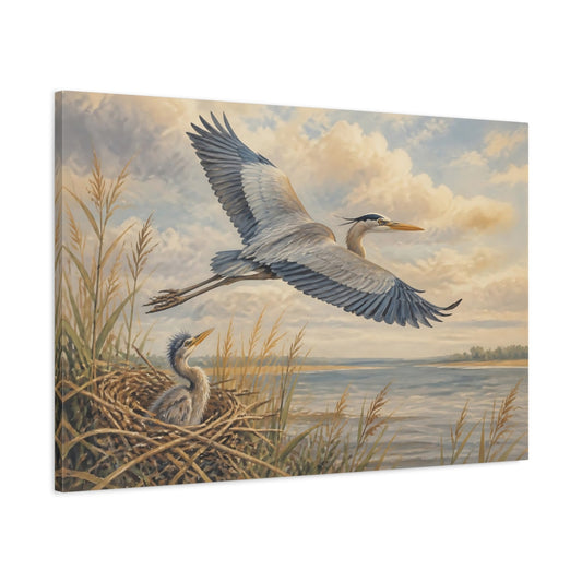 Main Mockup. Heron In Flight Over Marsh shown as canvas print