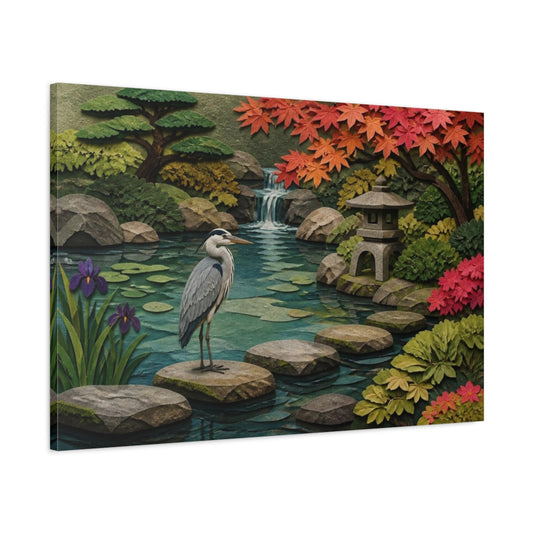 Main Mockup. Heron In Japanese Garden shown as canvas print