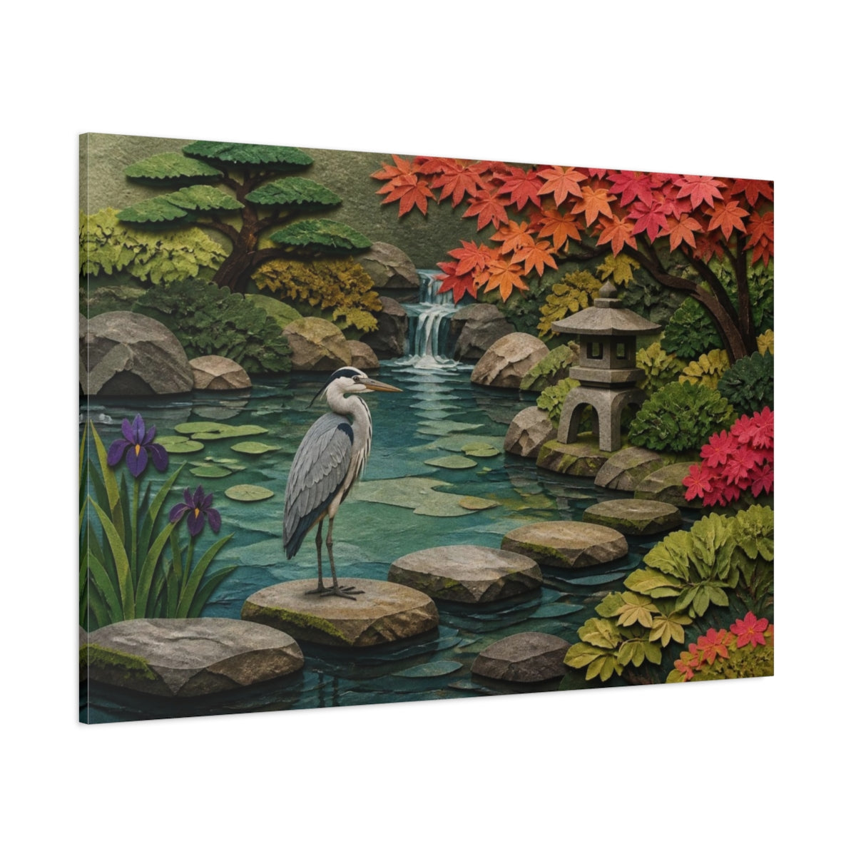 Side Mockup 1. Heron In Japanese Garden shown as canvas print