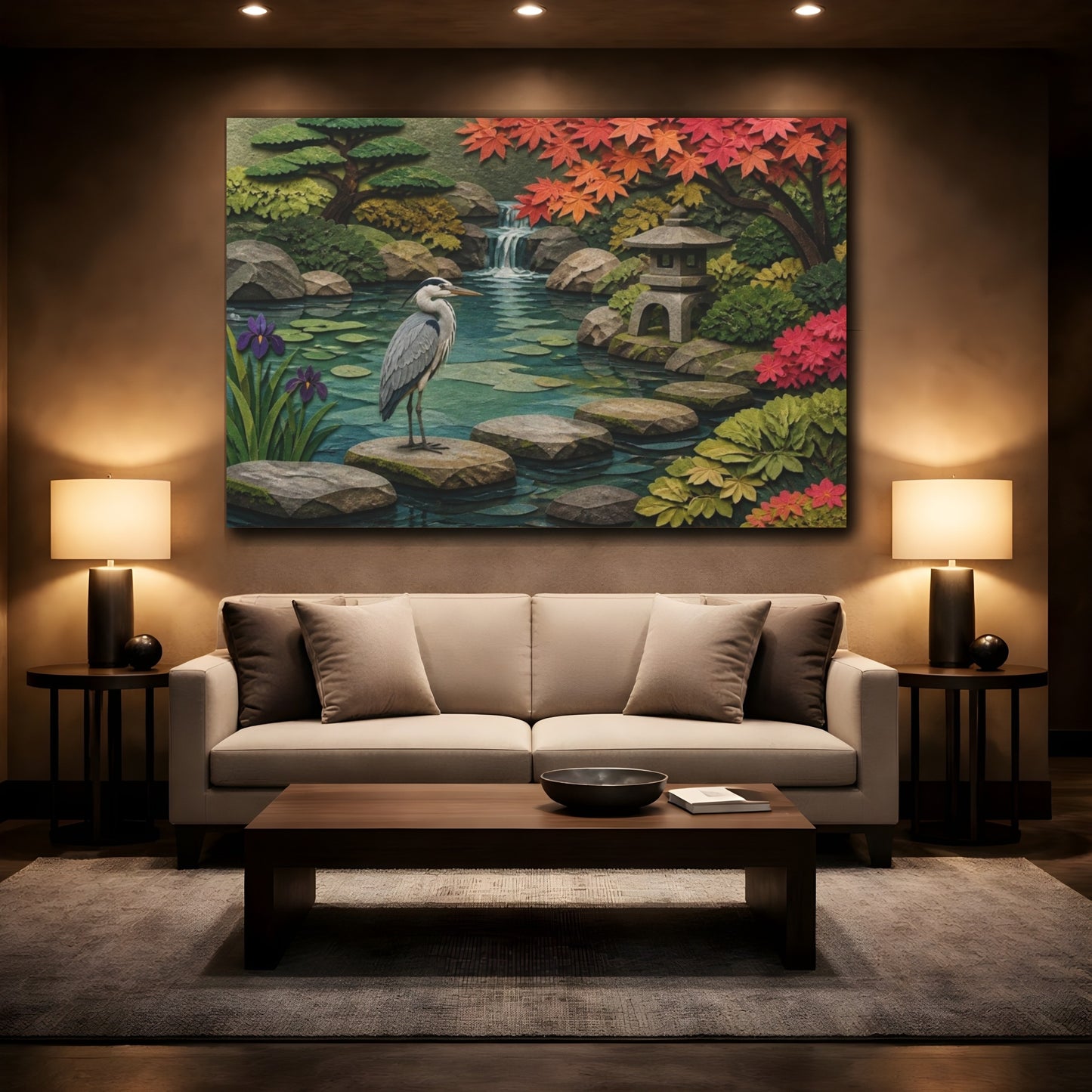 Mockup 2. Heron In Japanese Garden shown as canvas print