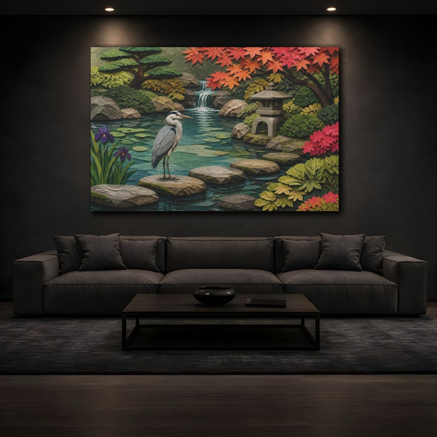 Mockup 3. Heron In Japanese Garden shown as canvas print
