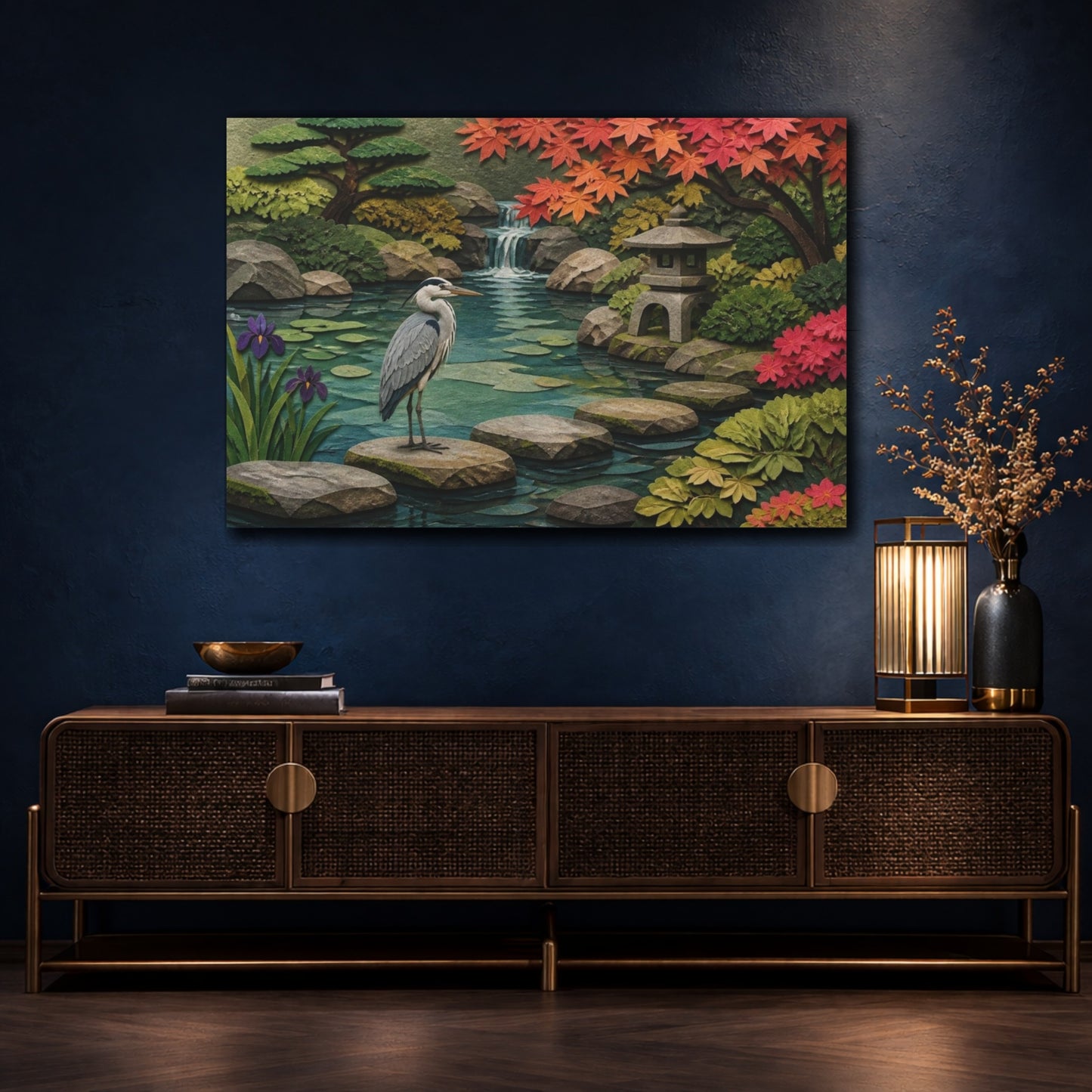 Mockup 4. Heron In Japanese Garden shown as canvas print