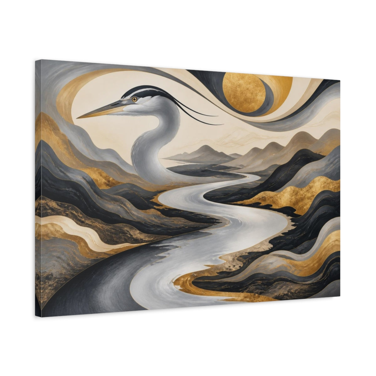 Side Mockup 2. Heron River Illusion shown as canvas print