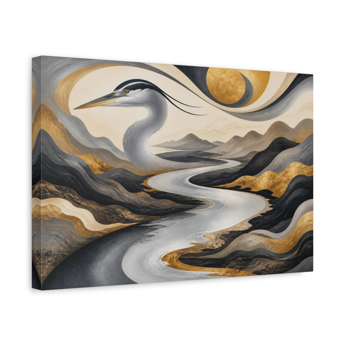 Side Mockup 4. Heron River Illusion shown as canvas print