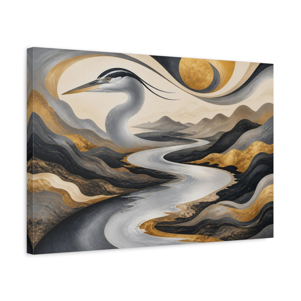 Side Mockup 3. Heron River Illusion shown as canvas print