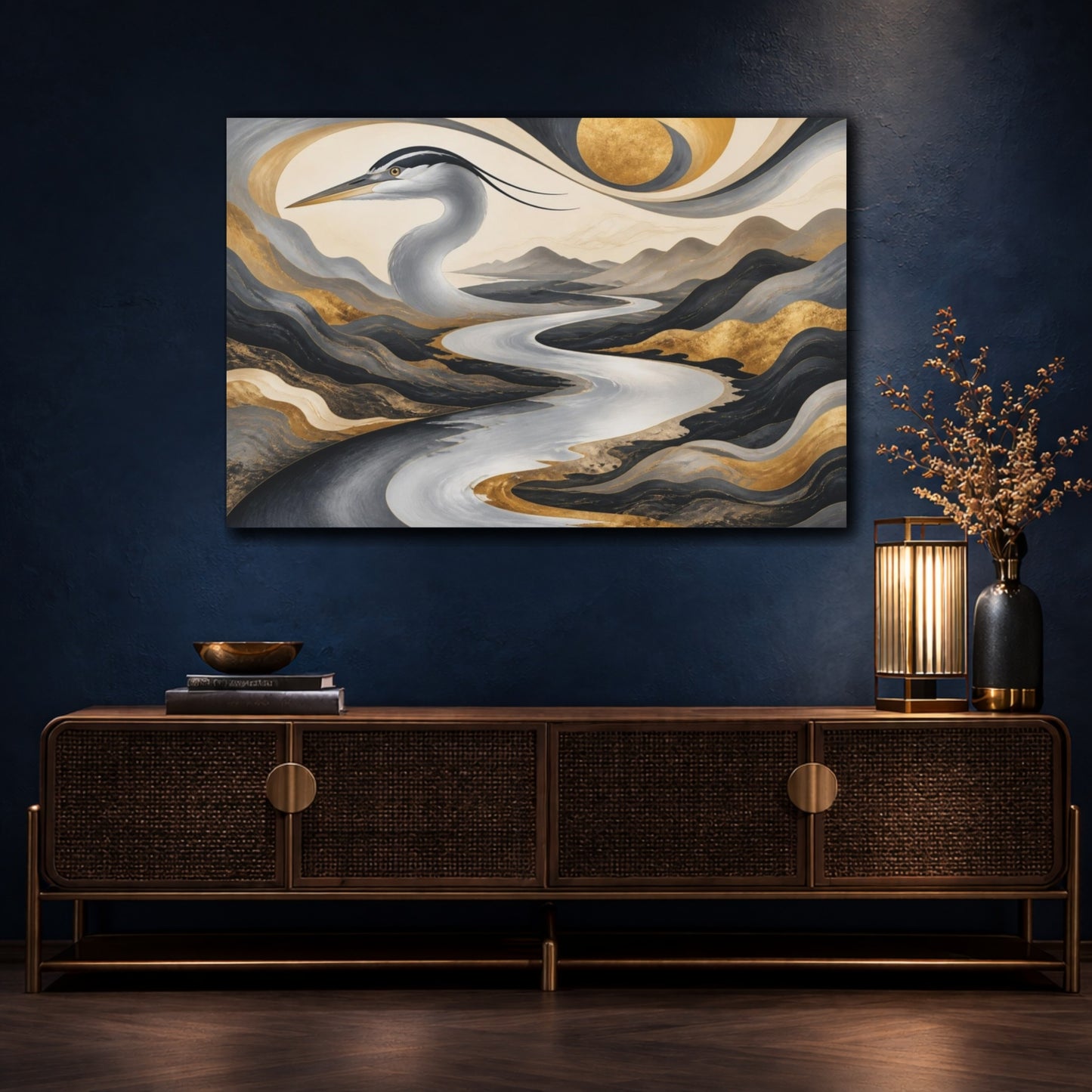 Mockup 4. Heron River Illusion shown as canvas print