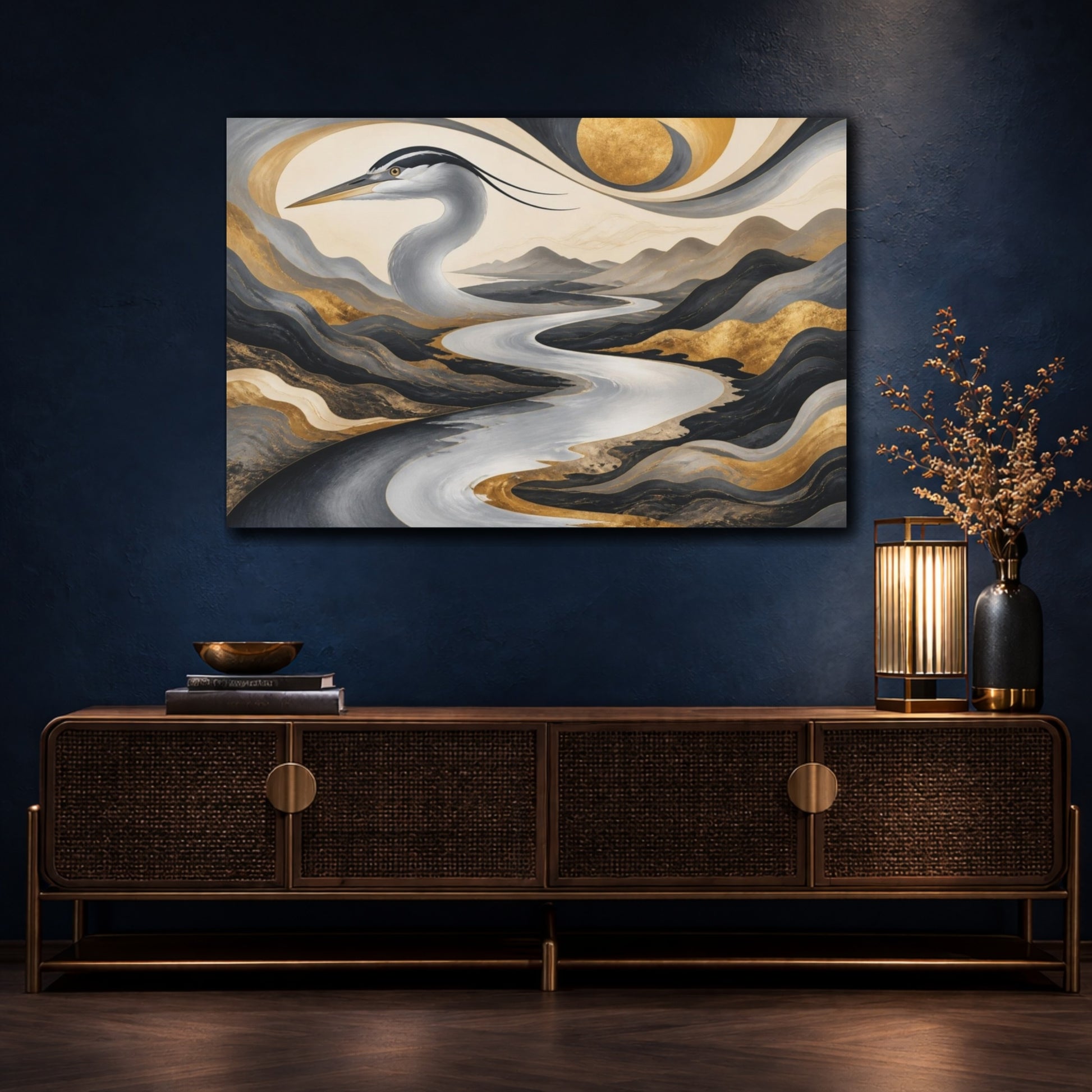 Mockup 4. Heron River Illusion shown as canvas print