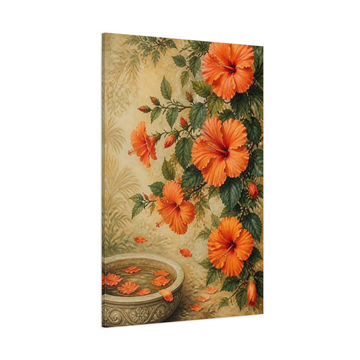 Side Mockup 1. Hibiscus Blossom Fountain shown as canvas print