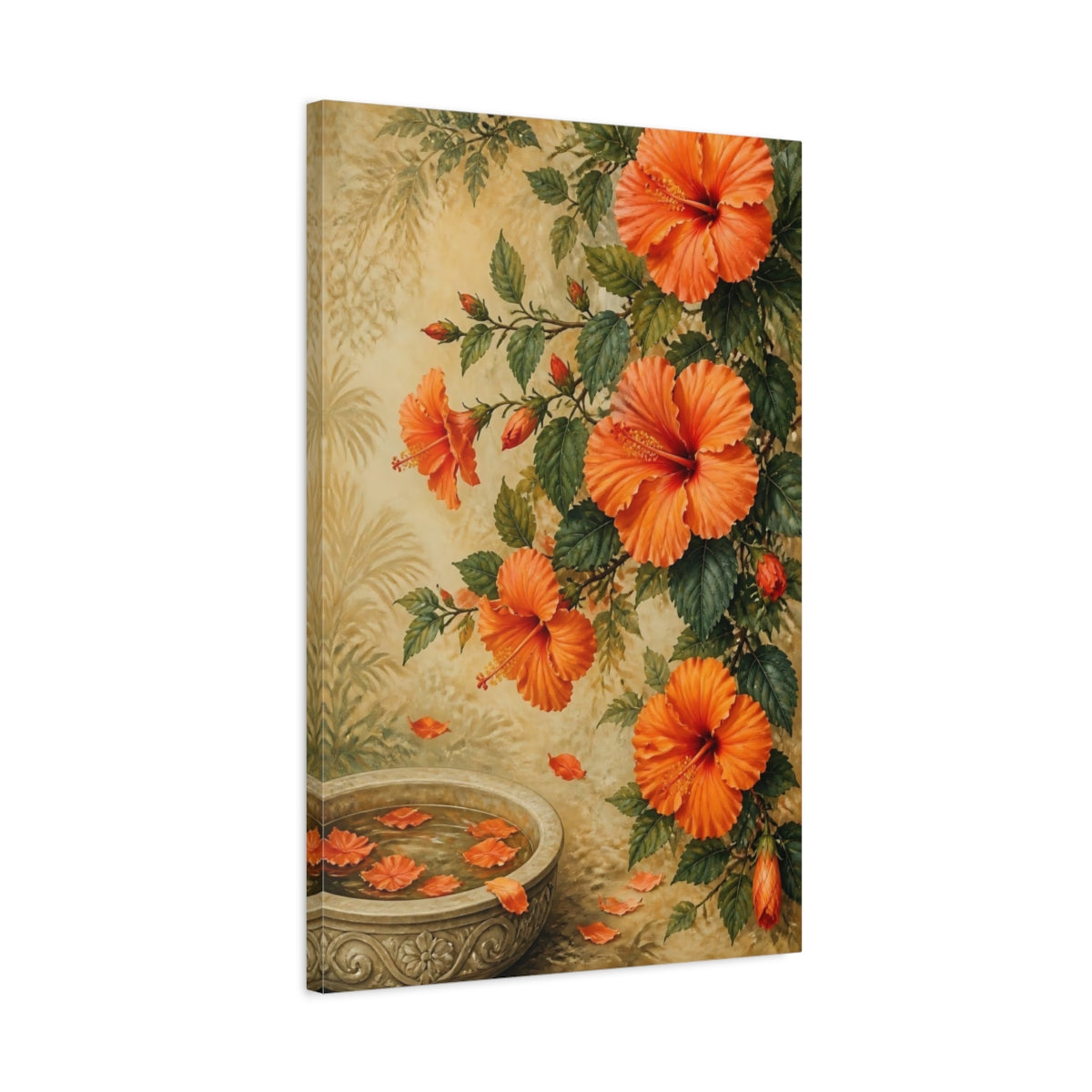 Side Mockup 2. Hibiscus Blossom Fountain shown as canvas print