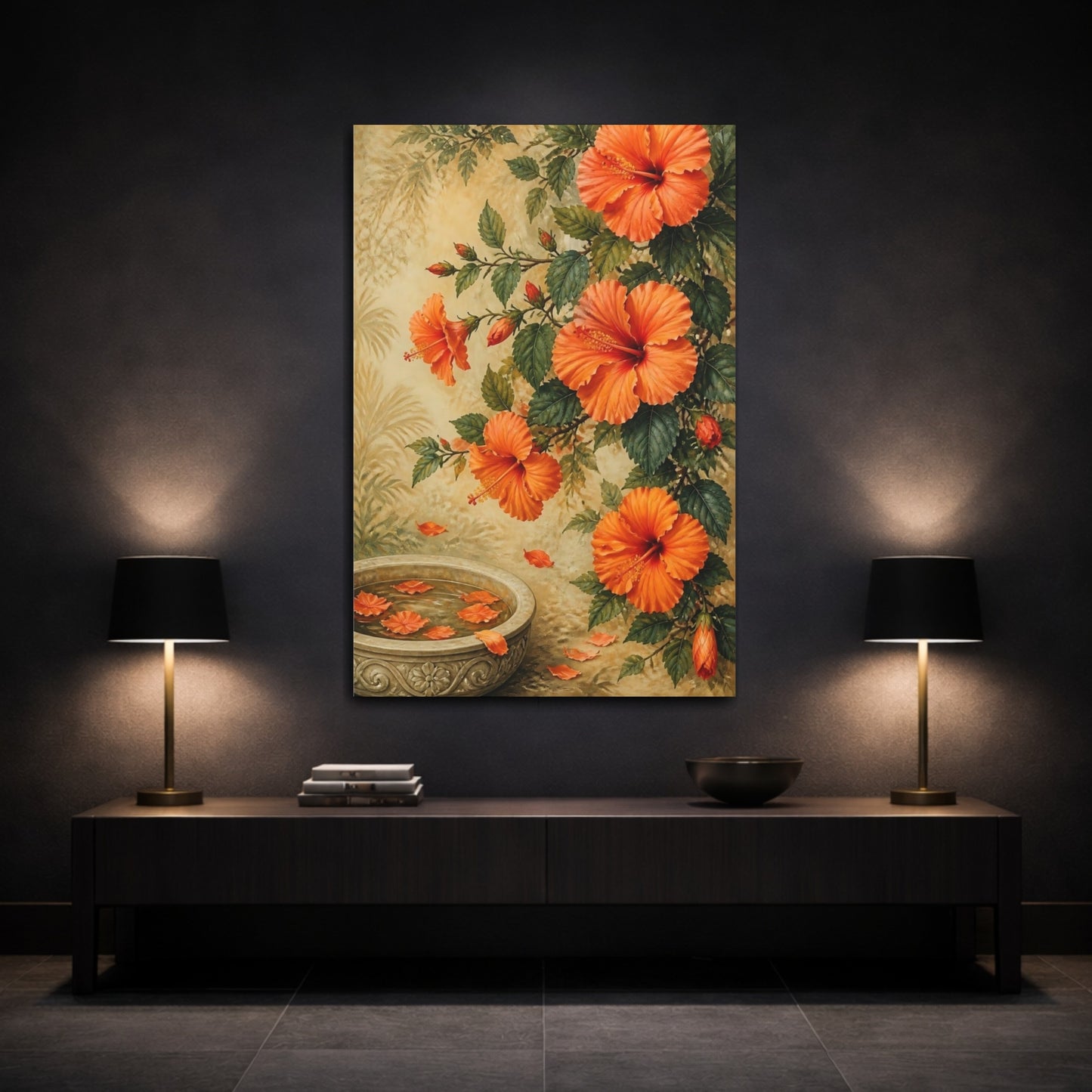 Mockup 3. Hibiscus Blossom Fountain shown as canvas print