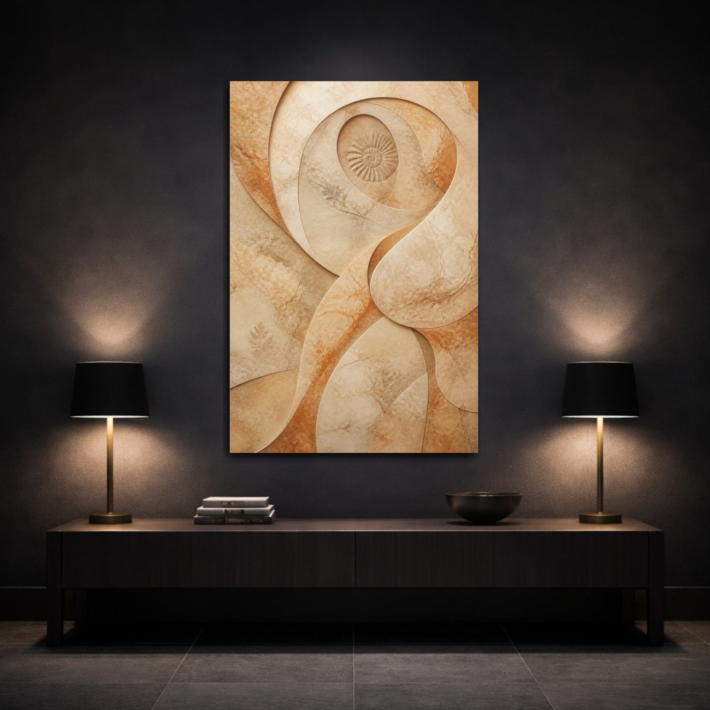Mockup 3. Hidden Ammonite Stone Swirl shown as canvas print