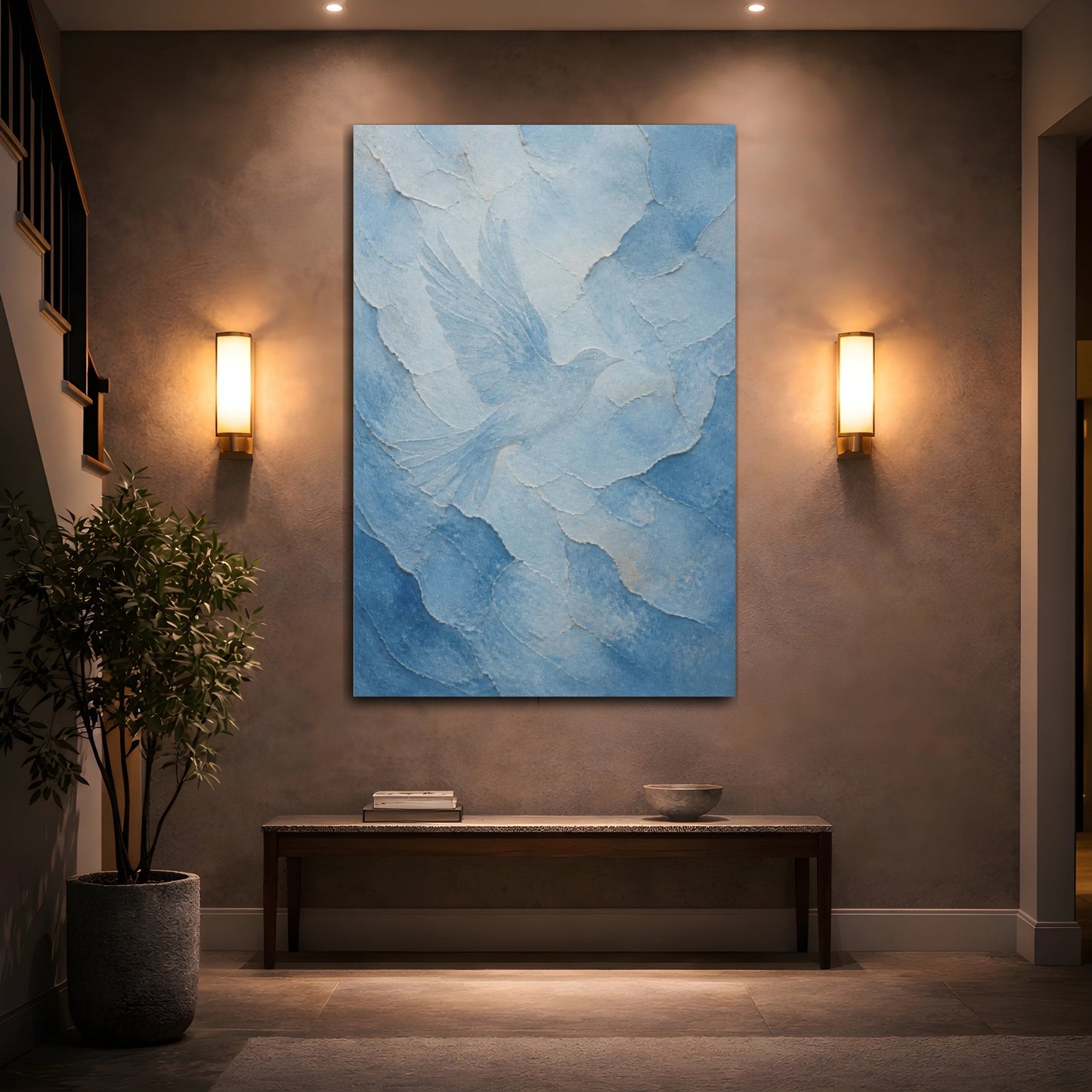Mockup 2. Hidden Blue Bird shown as canvas print