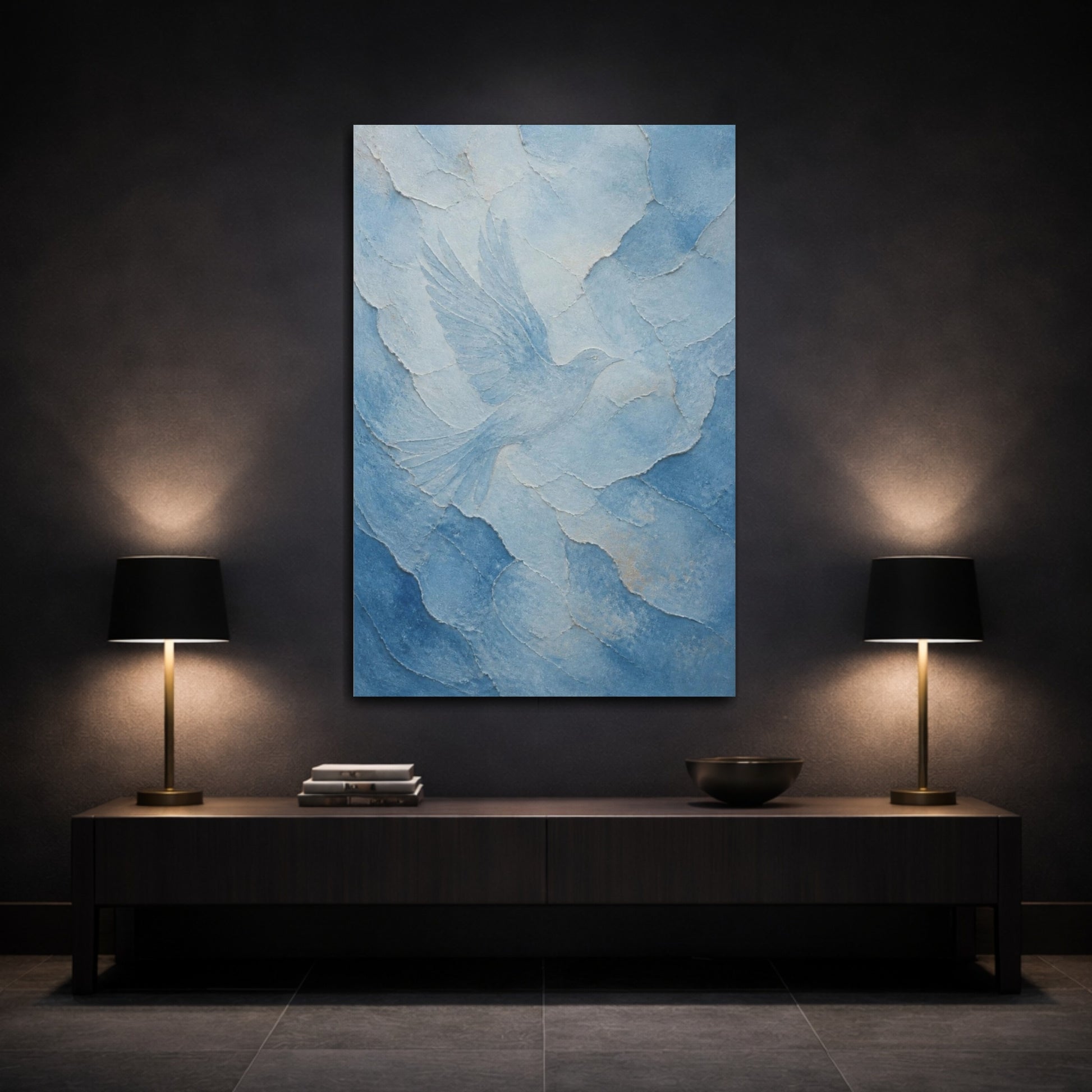 Mockup 3. Hidden Blue Bird shown as canvas print