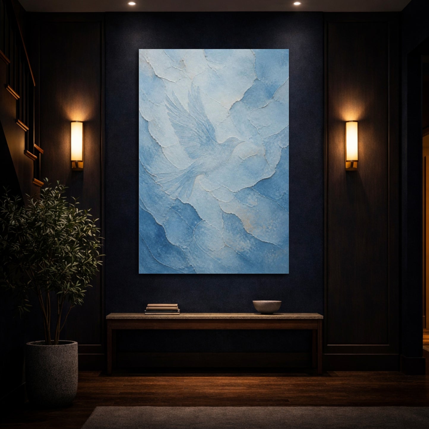 Mockup 4. Hidden Blue Bird shown as canvas print