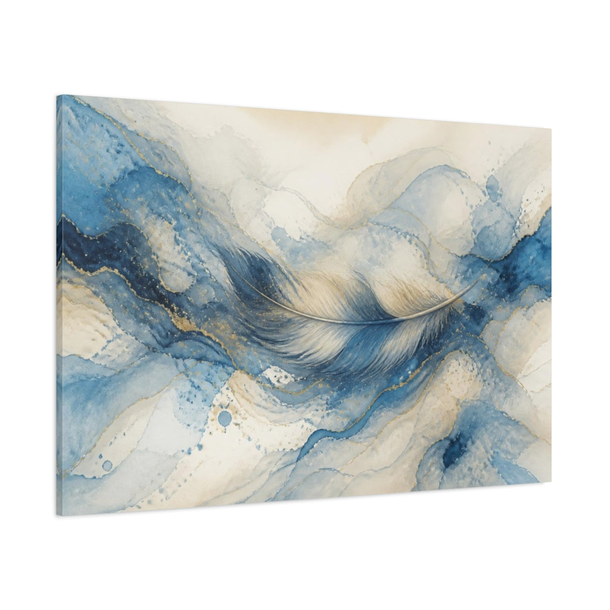 Side Mockup 1. Hidden Blue Feather Flow shown as canvas print