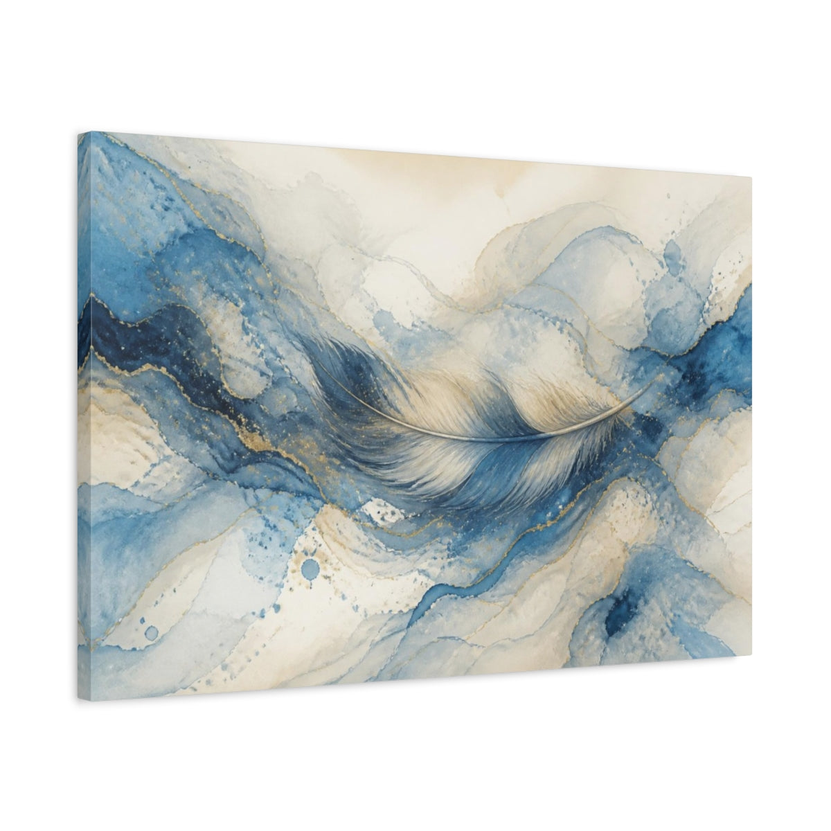 Side Mockup 2. Hidden Blue Feather Flow shown as canvas print