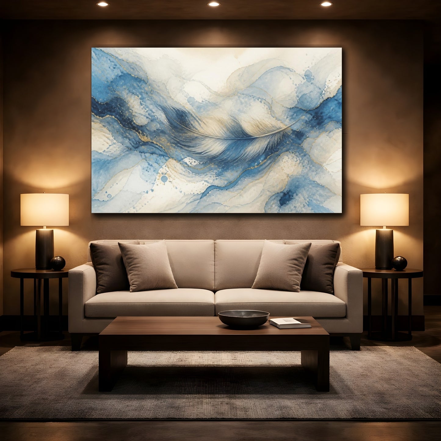 Mockup 2. Hidden Blue Feather Flow shown as canvas print