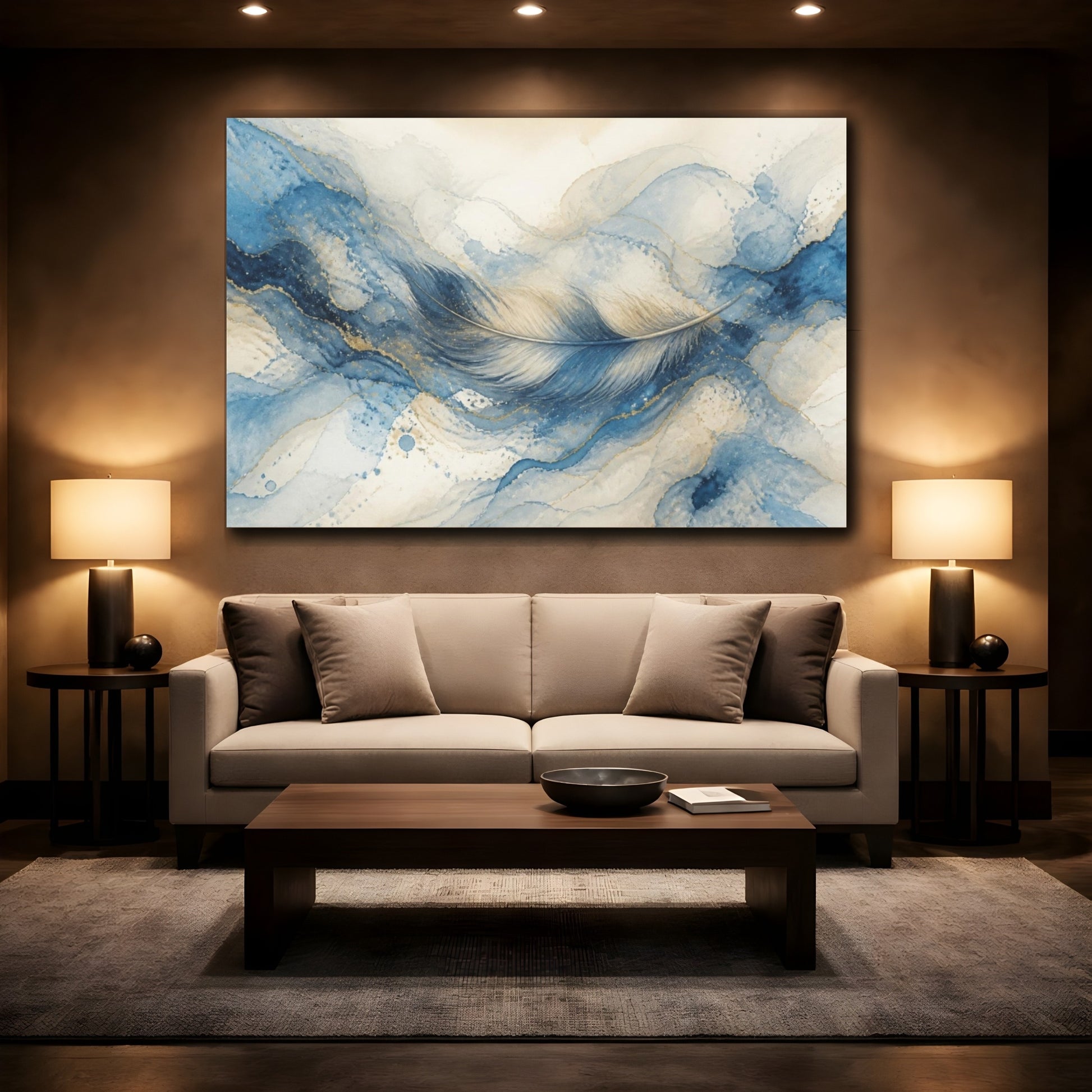 Mockup 2. Hidden Blue Feather Flow shown as canvas print