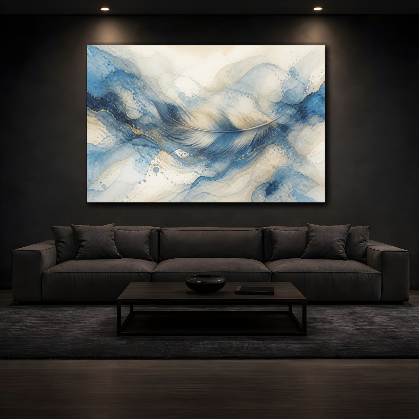 Mockup 3. Hidden Blue Feather Flow shown as canvas print