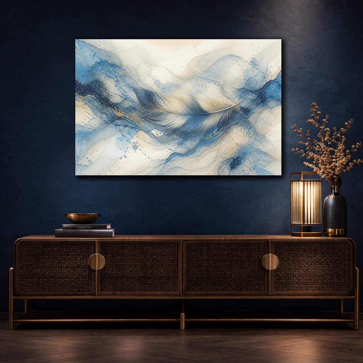 Mockup 4. Hidden Blue Feather Flow shown as canvas print