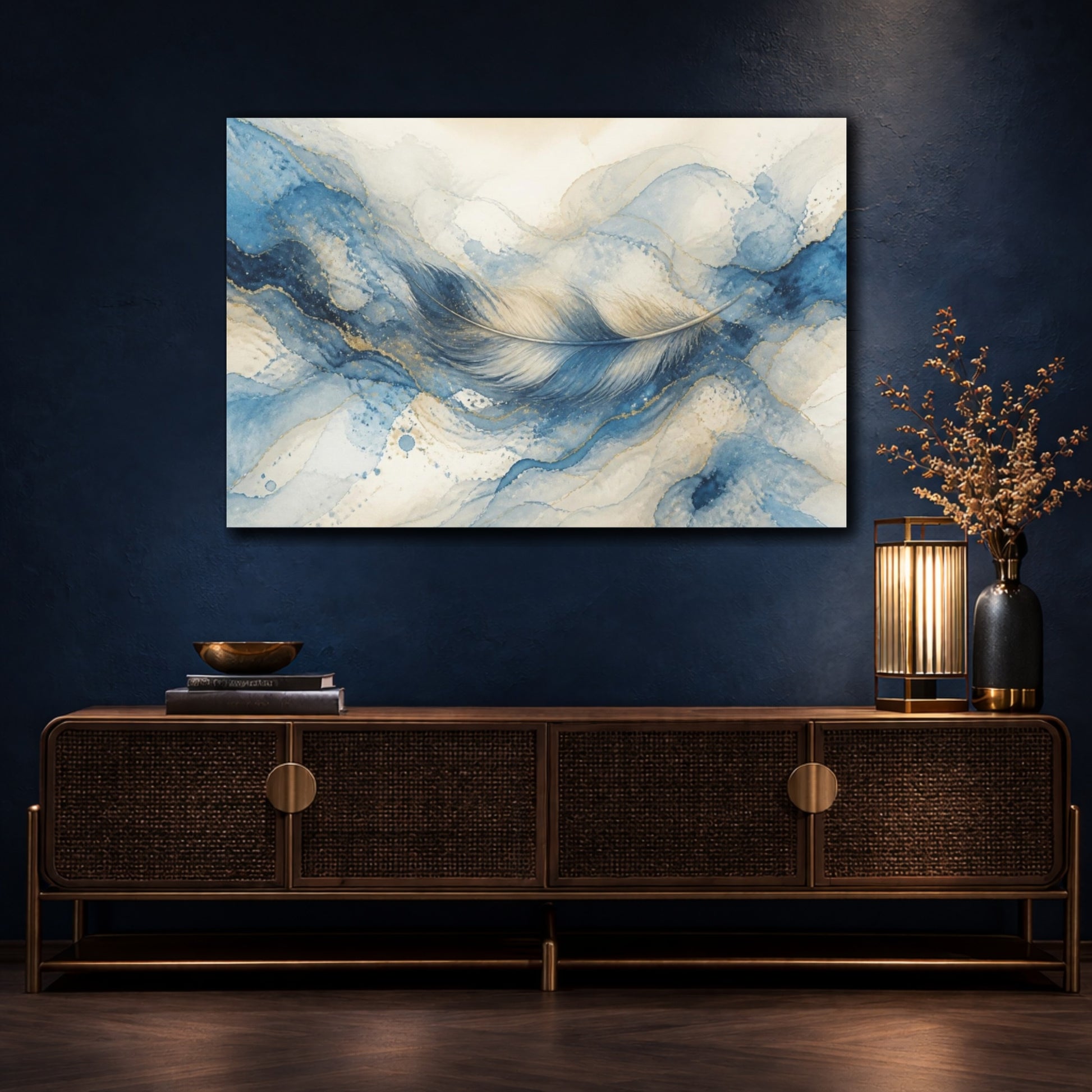 Mockup 4. Hidden Blue Feather Flow shown as canvas print