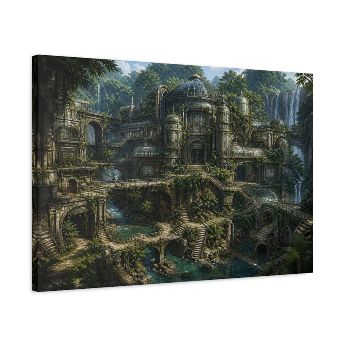 Side Mockup 2. Hidden Jungle Research Facility shown as canvas print