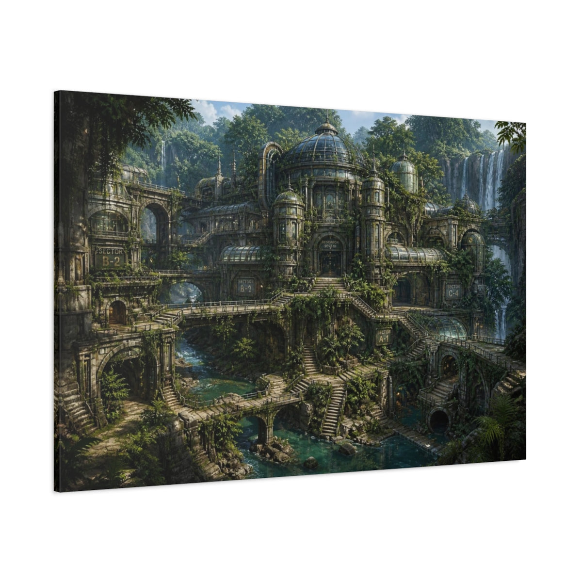 Side Mockup 1. Hidden Jungle Research Facility shown as canvas print