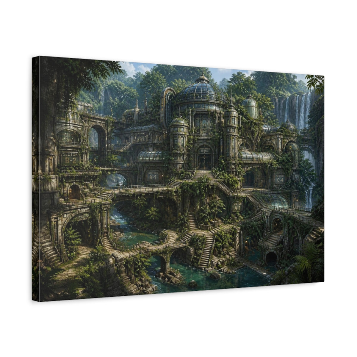 Side Mockup 3. Hidden Jungle Research Facility shown as canvas print