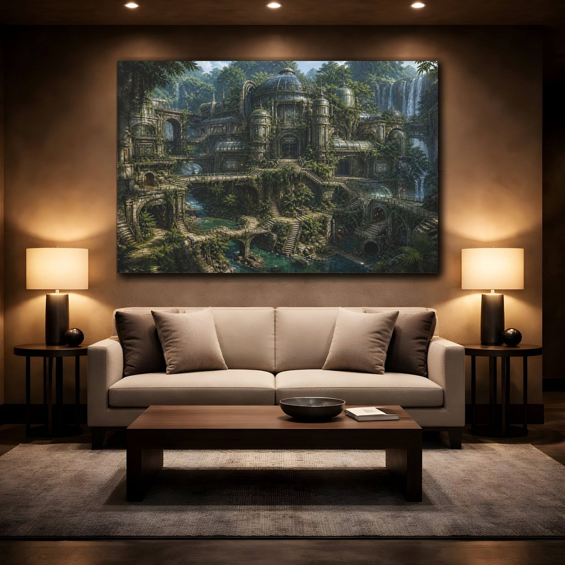Mockup 2. Hidden Jungle Research Facility shown as canvas print