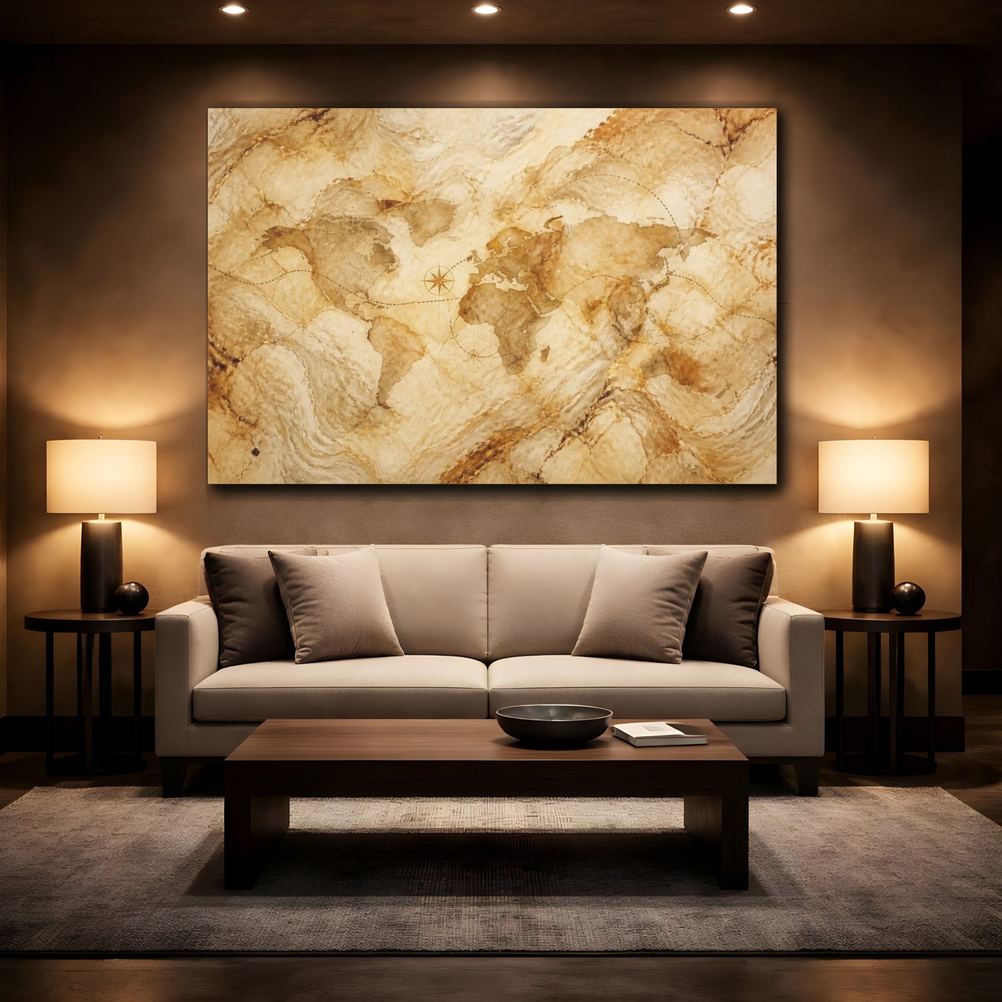 Mockup 2. Hidden Marble World Map shown as canvas print