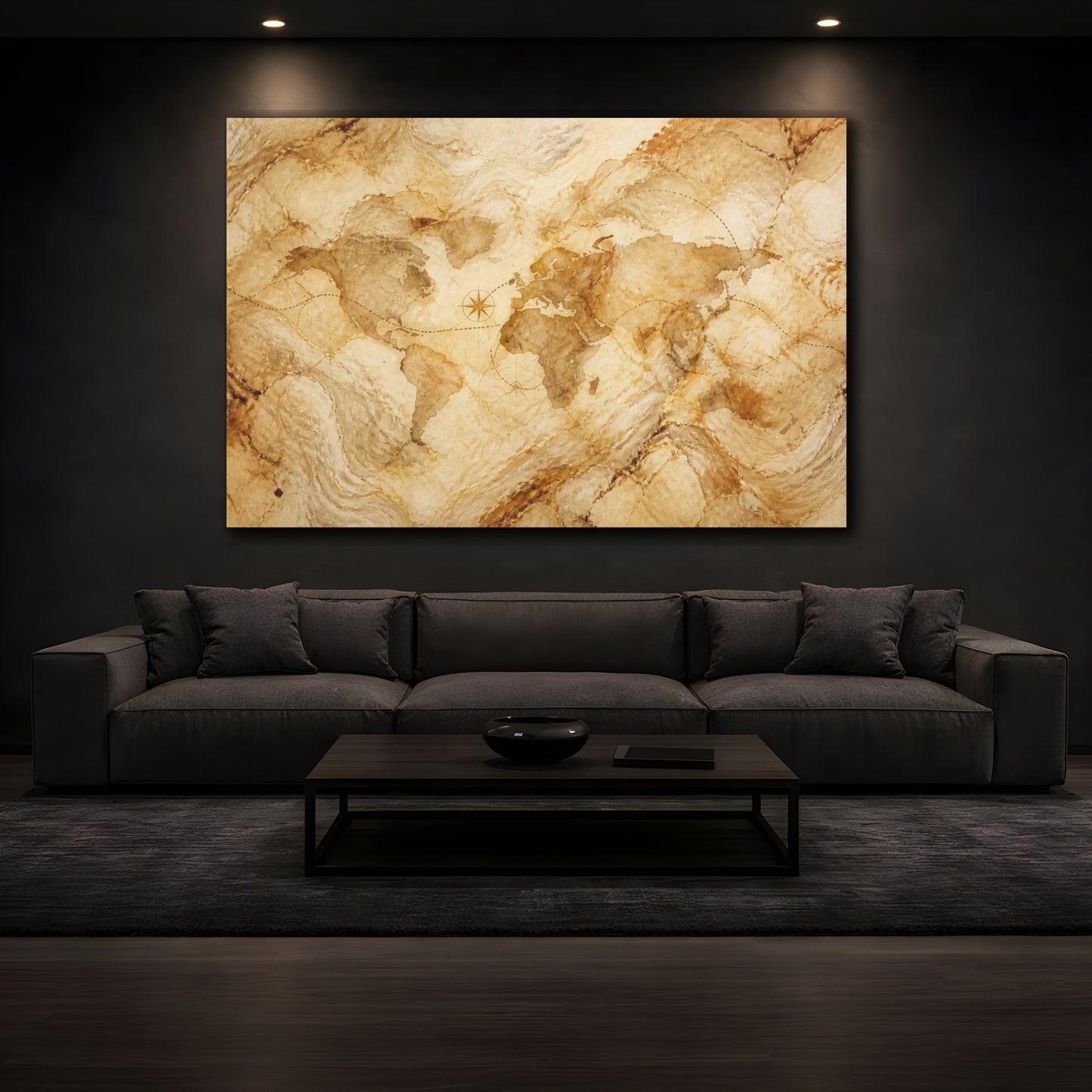 Mockup 3. Hidden Marble World Map shown as canvas print