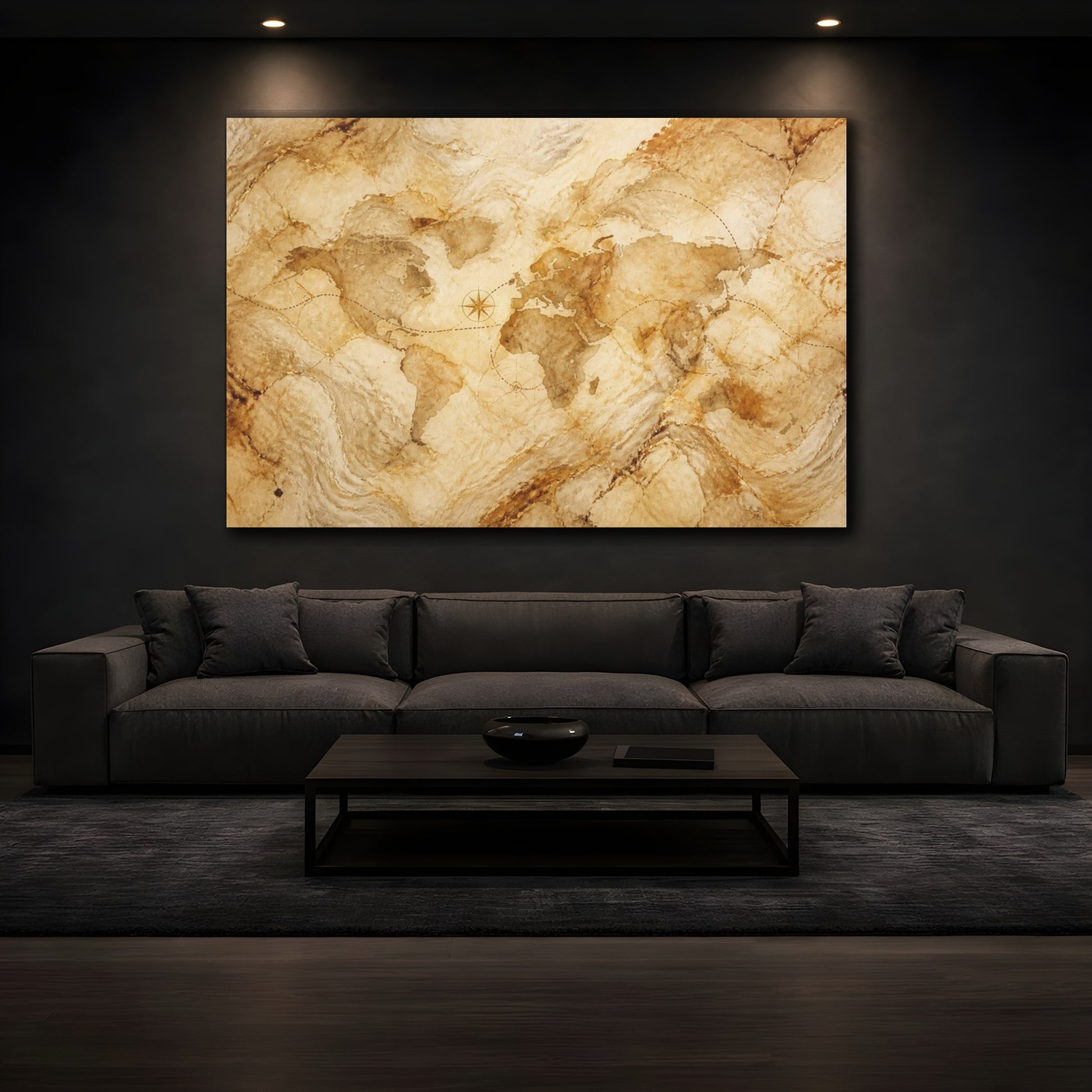 Mockup 3. Hidden Marble World Map shown as canvas print
