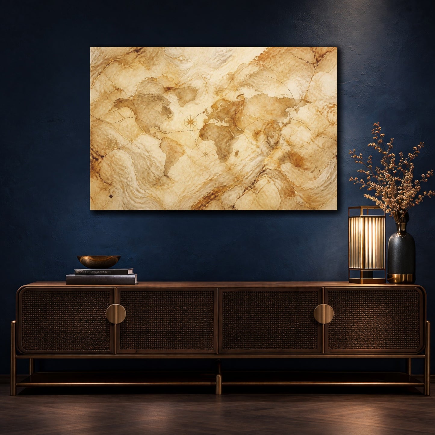 Mockup 4. Hidden Marble World Map shown as canvas print