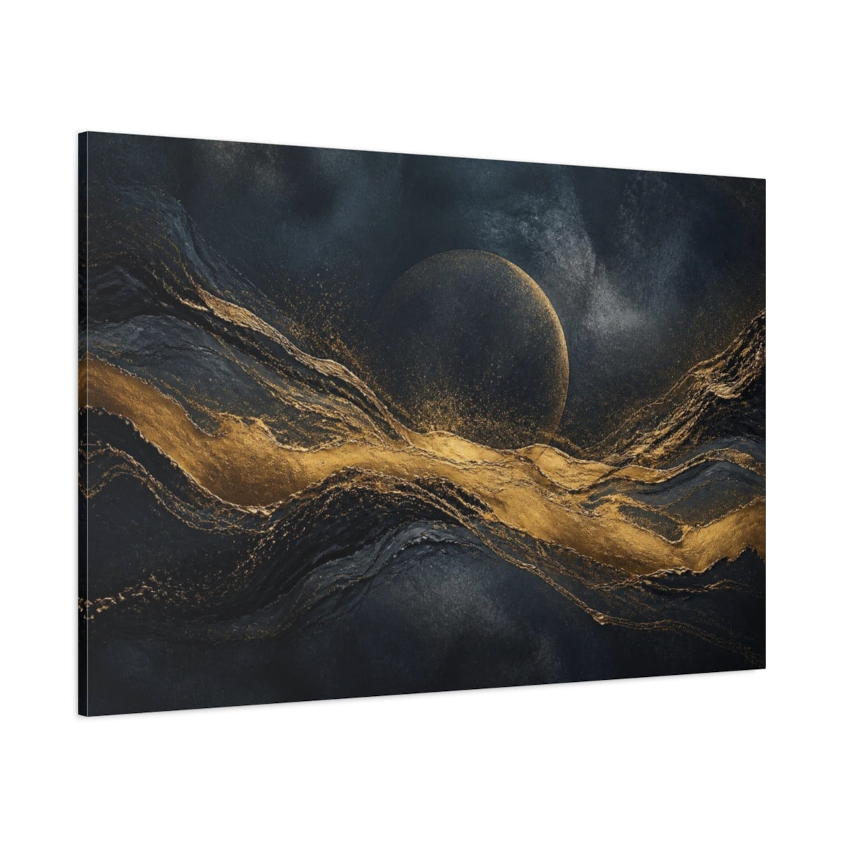 Side Mockup 1. Hidden Moon Gold Wave shown as canvas print