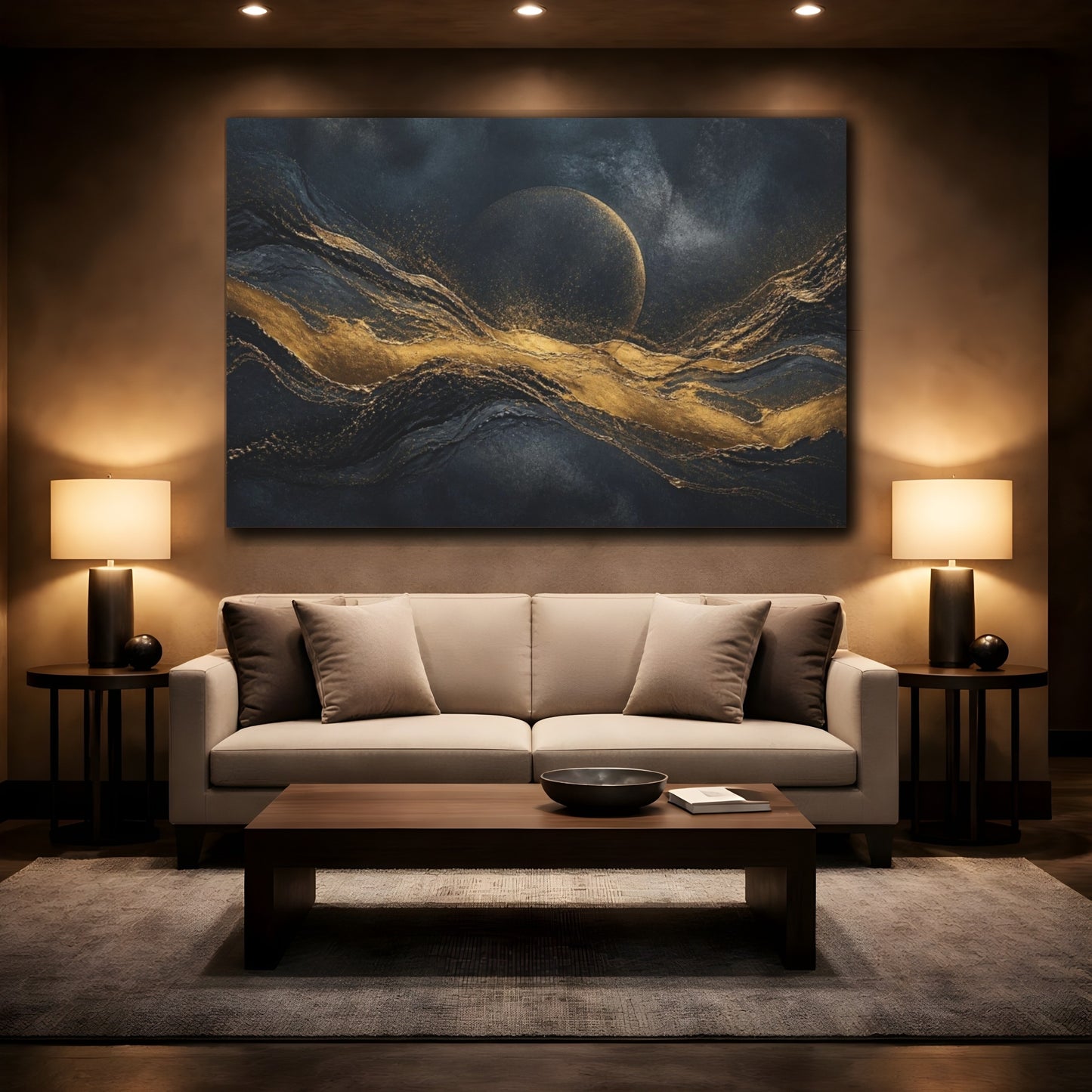 Mockup 2. Hidden Moon Gold Wave shown as canvas print