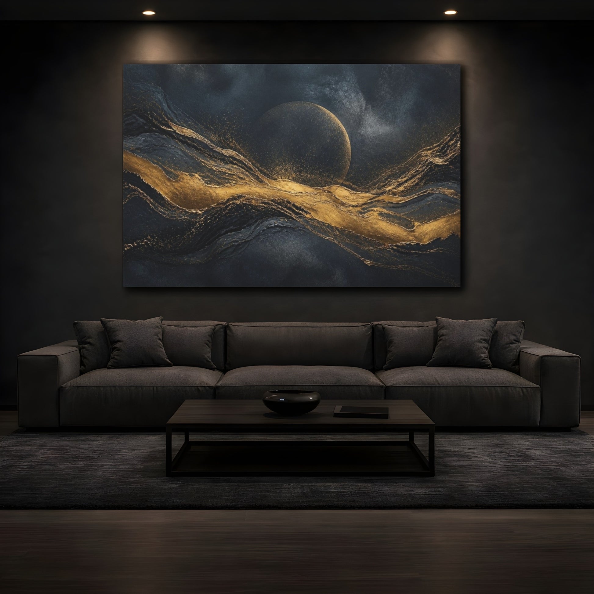Mockup 3. Hidden Moon Gold Wave shown as canvas print