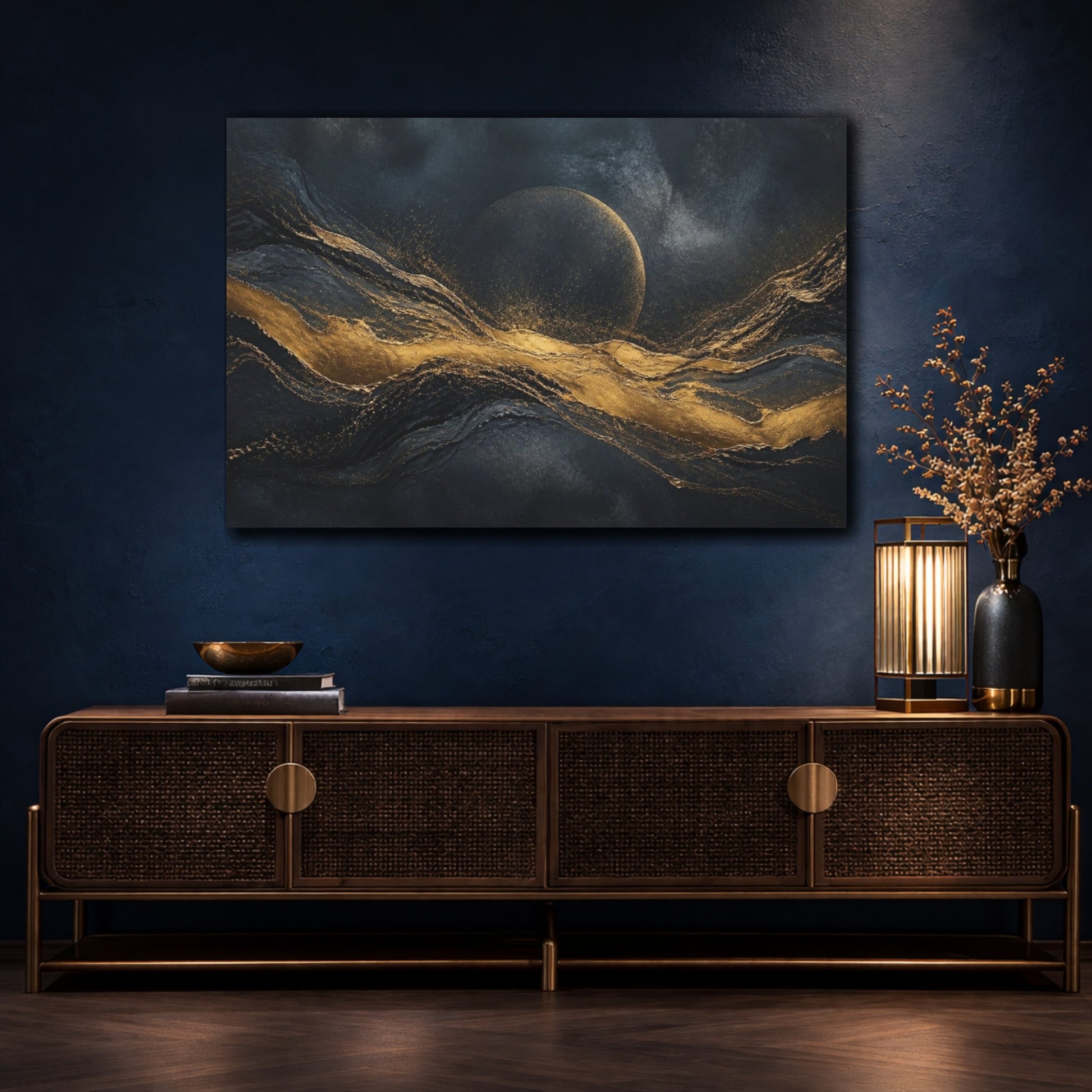 Mockup 4. Hidden Moon Gold Wave shown as canvas print