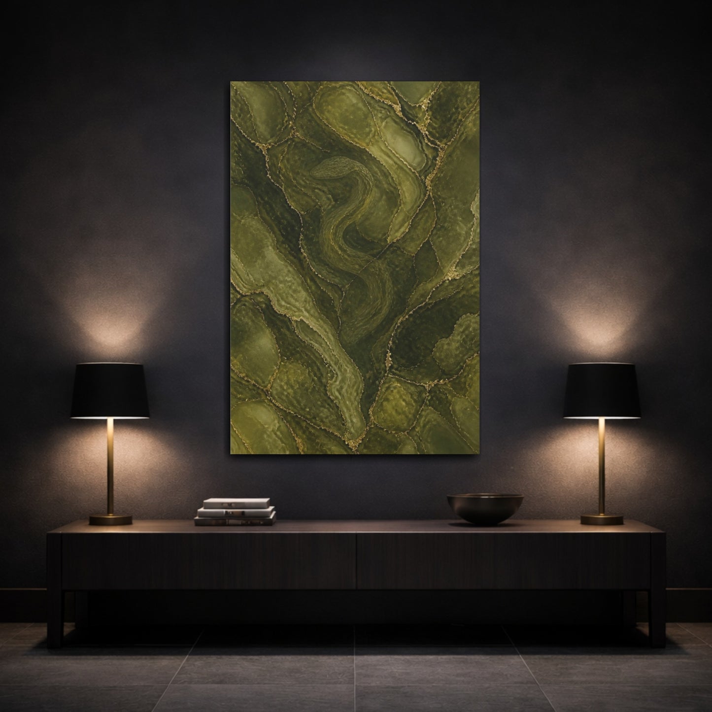 Mockup 3. Hidden Olive Serpent shown as canvas print