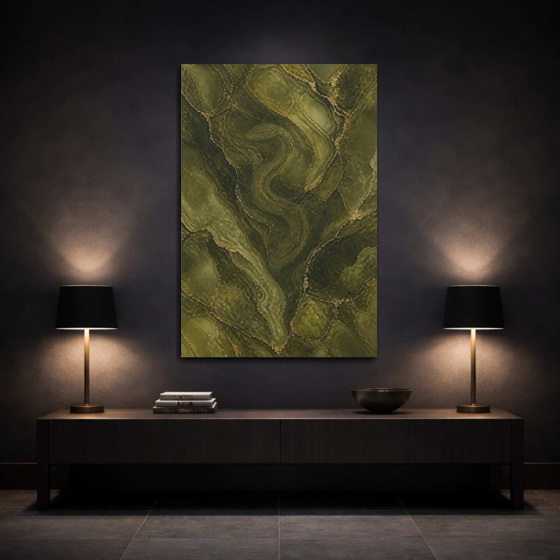 Mockup 3. Hidden Olive Serpent shown as canvas print