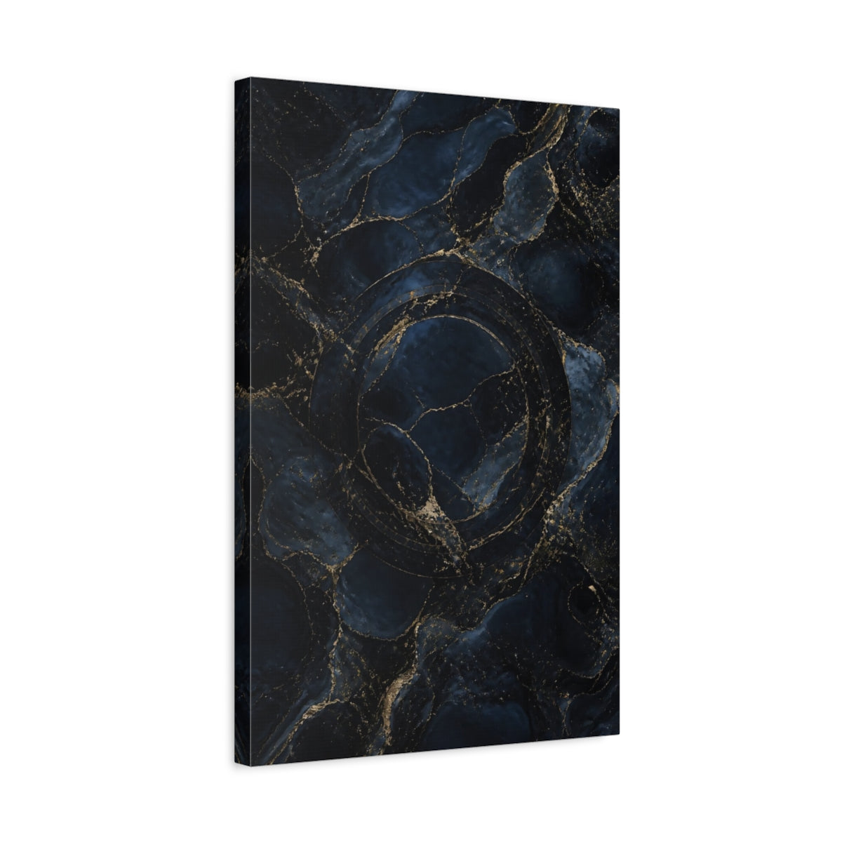 Side Mockup 3. Hidden Ring Navy Marble shown as canvas print