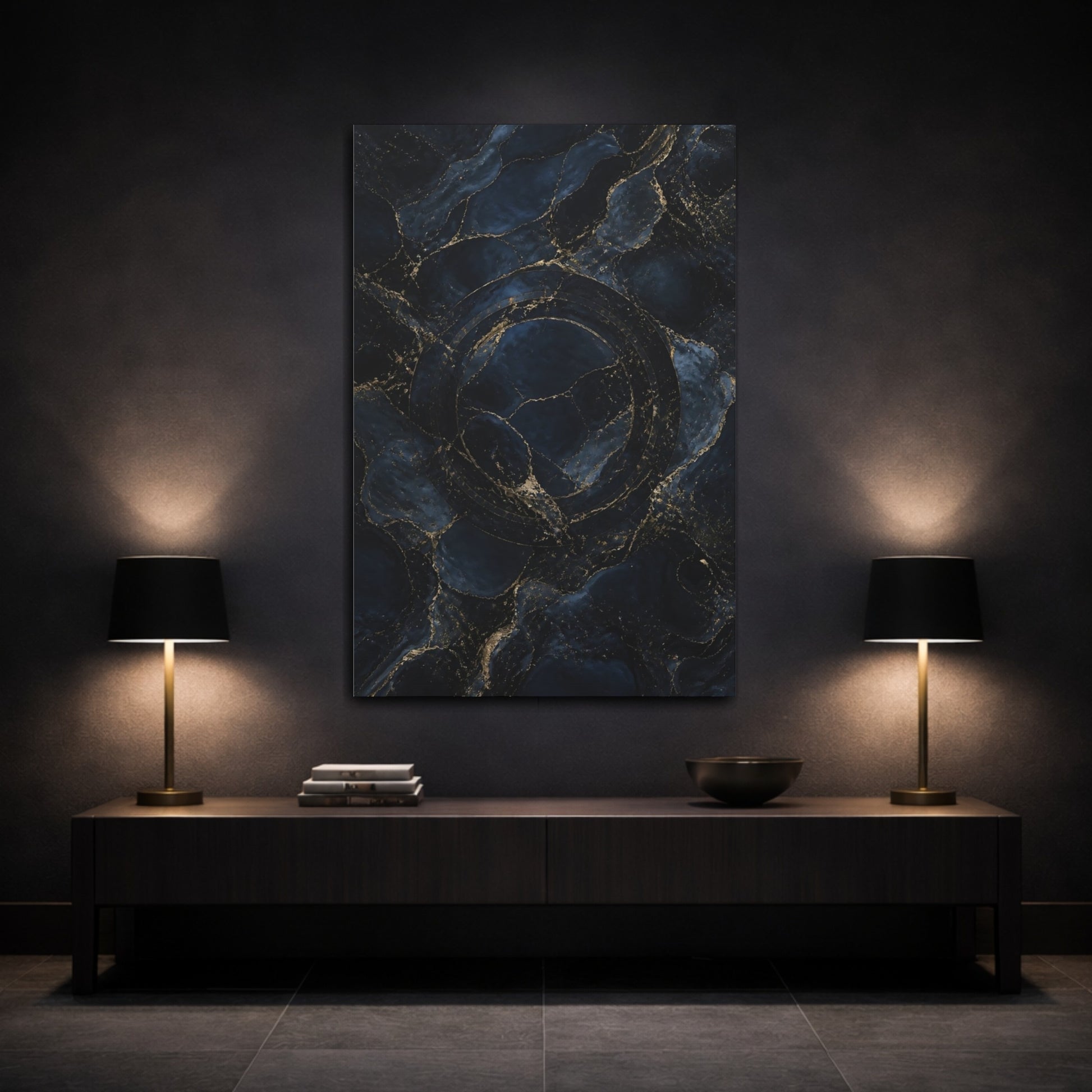 Mockup 3. Hidden Ring Navy Marble shown as canvas print