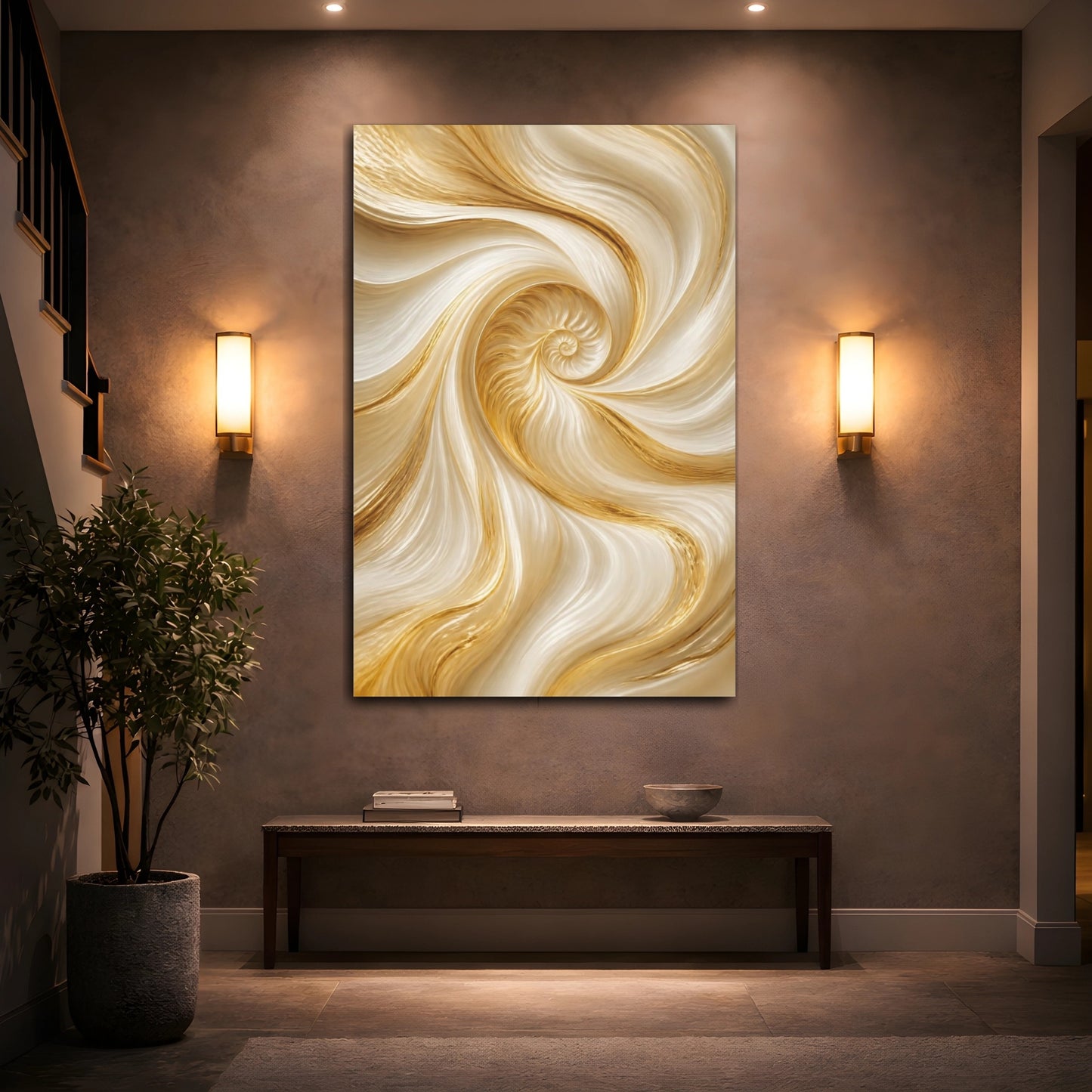 Mockup 2. Hidden Shell Gold Spiral shown as canvas print